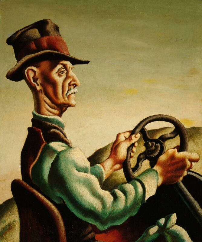 Painting of an older man with a gray mustache, seen in profile. He wears a blue long sleeved shirt with a brown vest. He has a tall brown hat on with a red band around it. The sitter has distinct lines on his face. He sits in some sort of vehicle and both hands hold the steering wheel