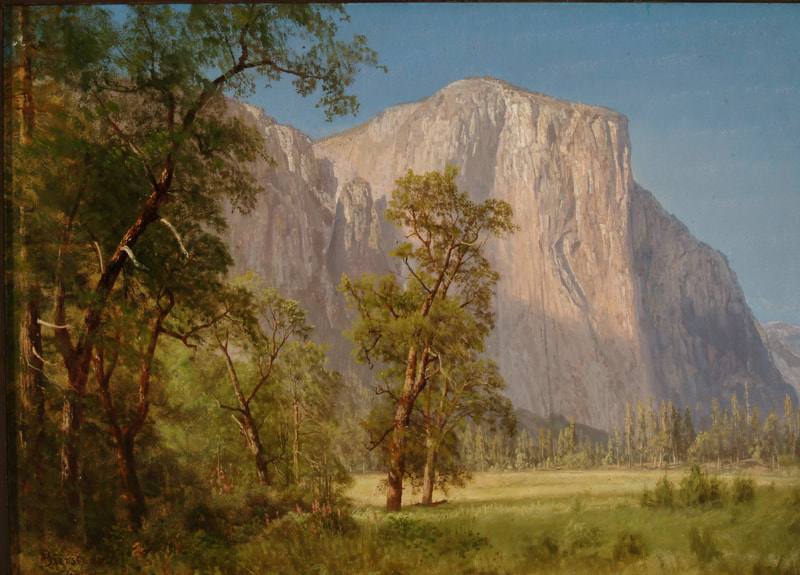 Landscape painting of the mountain El Capitan. The right fore and mid ground feature trees. There is a tree almost center to the painting. The right and mid ground are grassland. In the background a gray mountain rises. It is gray and rises vertically to a flat top. 
