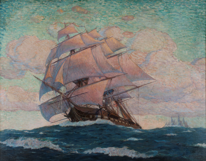 Image description: An impressionist painting in a palette of pinks, blues and brown. It shows the tall ship U.S.S Constitution sailing toward the viewer with all sails out. The sails are colored pink by the light. There are pink clouds in the background.