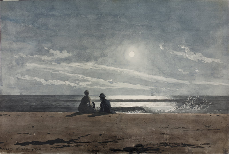 A watercolor painting of a full moon over a gentle sea. The sky is gray blue with a bright moon near the center. The light of the moon shines off the water. Two figures, a man and a woman sit on the beach near the water and are silhouetted against the sea. The woman looks away from the man, she carries a hand fan. 
