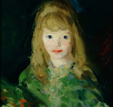 Oil painting of a young girl with pale skin bright red lips and blue eyes. Her hair is a golden yellow color. She wears an green dress, and gazes out directly at the viewer.