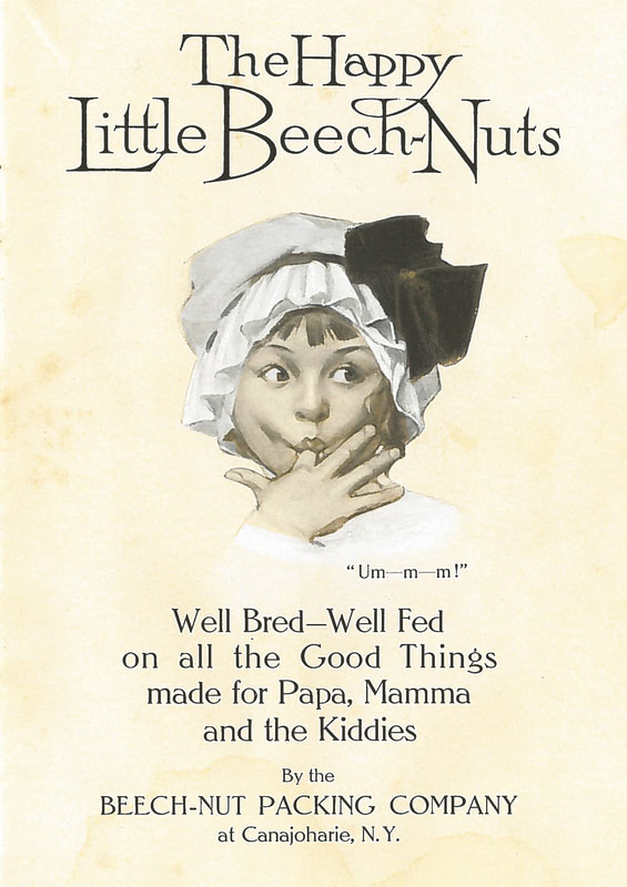 A little girl sticks her finger in her mouth her eyes are wide and looking to the right. She wears a white cap with a black bow on it, Text reads: Well Bread and Well Fed on all the good things made for mama and papa and the kiddies. from Beech-Nut Packing Company