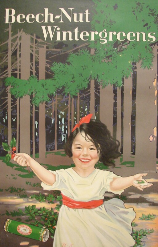 A young girl runs toward the viewer. She wears a white dress, has short brown hair and a red bow on her head. She smiles brightly and carries a wintergreen berry in her right hand. There is a forest scene behind her, and the text over the trees reads: Beech-Nut Wintergreen