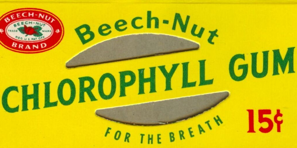 A yellow cardboard box for Beech-Nut Chlorophyll Gum. The text is written in green. There is a small Beech-Nut logo at the left corner of the box. 