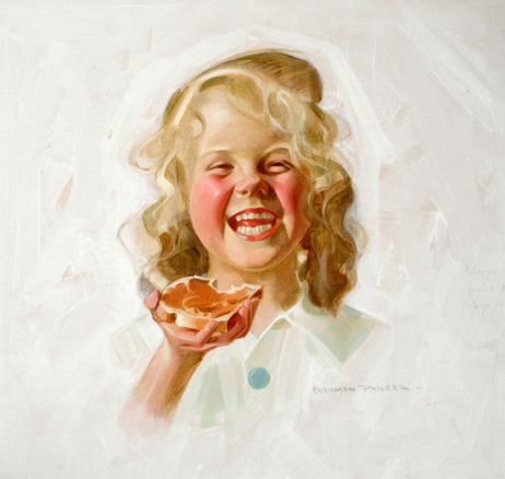 Oil painting of a young girl holding a piece of peanut butter bread. She is smiling widely and has bright red cheeks and nose and shoulder length curly blonde hair. 