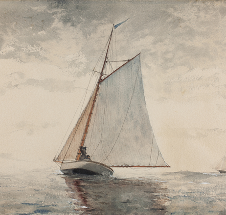 Watercolor painting of a sailboat making sale and headed into the horizon.